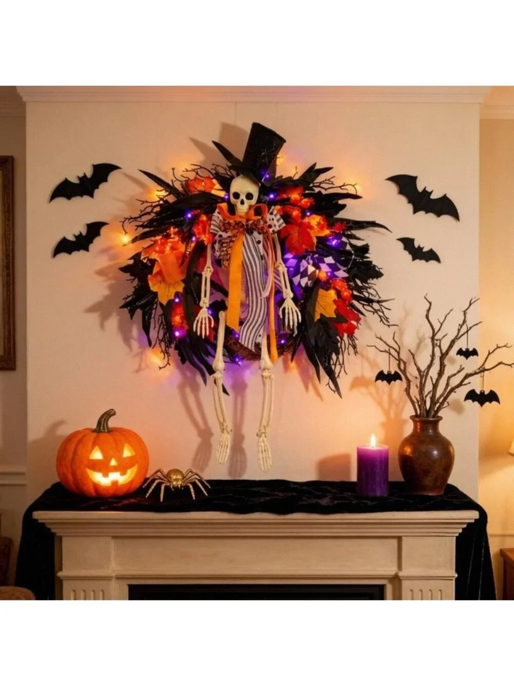 28-Inch Lighted Halloween Skeleton Wreath | Gothic Dark Aesthetic Door Decor